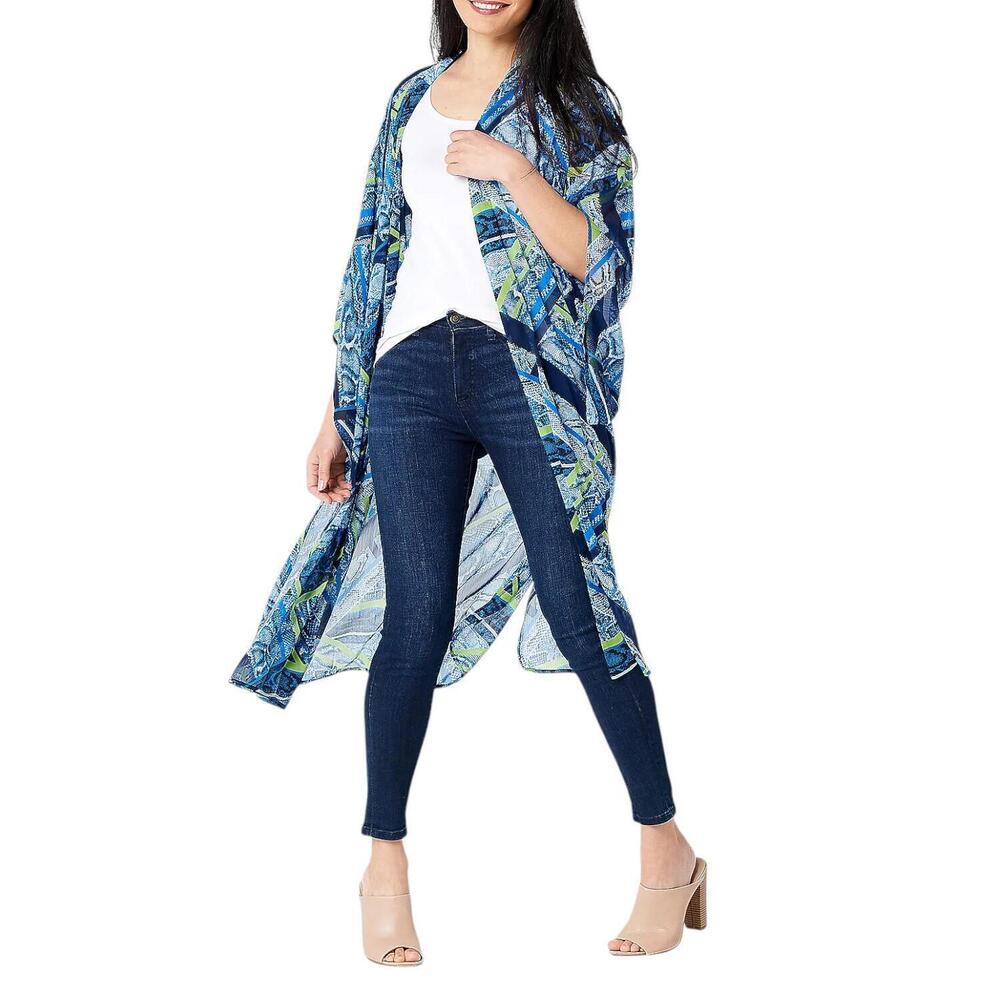 All Worthy Women's Hunter McGrady Printed Open Front Duster Navy - Regular